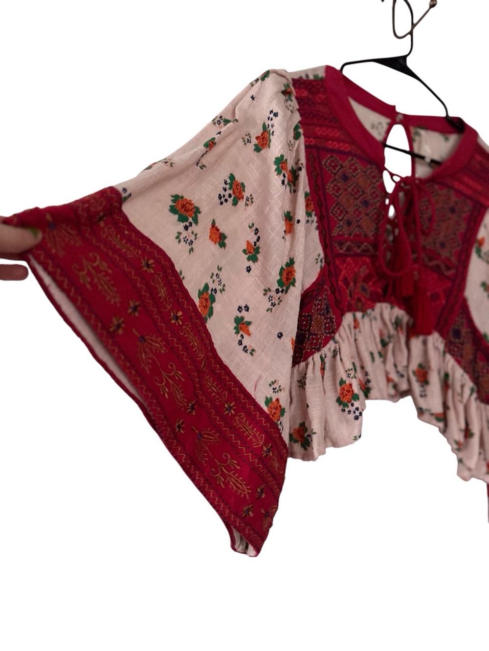 Free People Red & Cream Embroidered Lace-Up Peasant Top - Picture 2 of 6